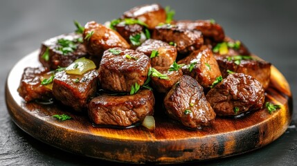 A mouthwatering display of grilled steak cubes garnished with herbs, showcasing an appetizing meal ideal for culinary enthusiasts.