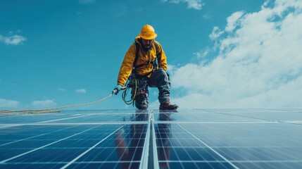 Worker in protective gear installing solar panels on high-altitude rooftop under blue sky