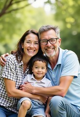 Smiling grandparents embrace their happy grandson in the park, surrounded by lush greenery, creating timeless memories on a bright day filled with laughter and love Generative AI