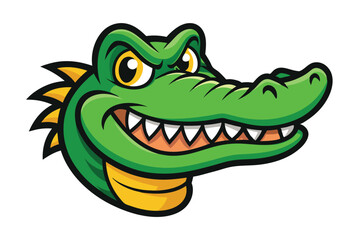 Cartoon alligator head smiles menacingly showing sharp teeth, with green and yellow scales