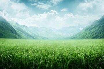 Fototapeta premium Lush Green Grass Landscape Surrounded by Majestic Mountain Range