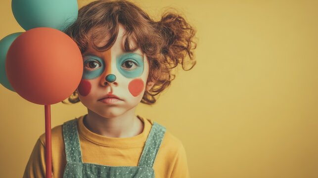 Child with clown makeup holding colorful balloons in front of yellow background bright playful scene
