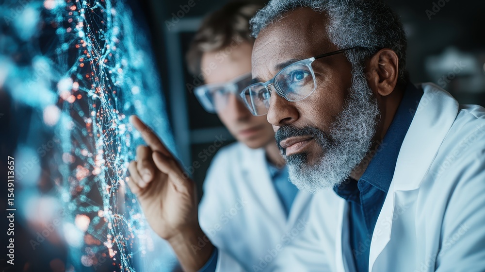 Poster two scientists intently analyze complex data on a digital interface, representing the cutting-edge r