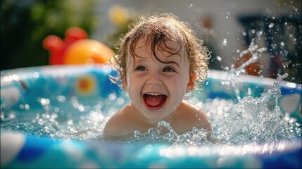 Joyful young girl swimming and playing in outdoor pool with sunny summer weather