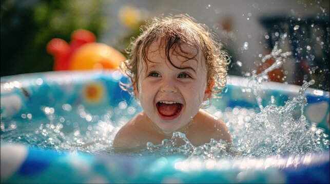 Joyful young girl swimming and playing in outdoor pool with sunny summer weather