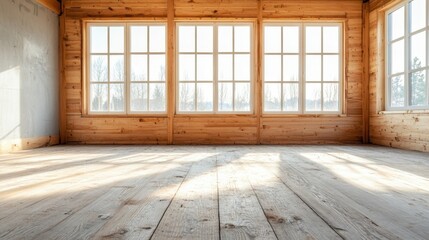 A serene image of an empty wooden room with ample natural light streaming through large windows, invoking feelings of tranquility, space, and potential.