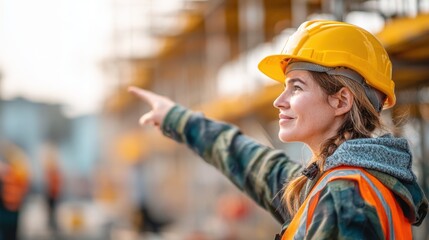 Obraz premium Female construction worker in safety helmet pointing at construction site with bright sunlight