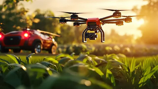 Drone flying over lush green field with a red vehicle in the background during sunset