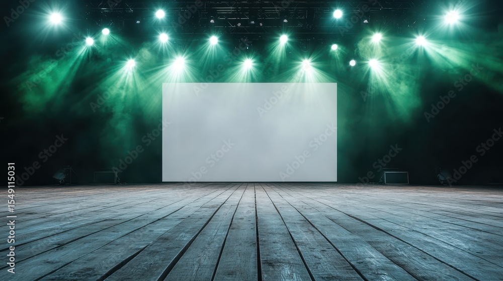 Poster a vibrant stage setting with dynamic lighting illuminating an empty projection screen, perfect for v