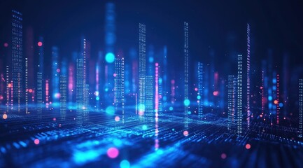Fototapeta premium Abstract Digital Cityscape: A mesmerizing abstract digital cityscape shimmers with vibrant blue and pink lights, representing technological innovation, data flow, and future vision.