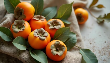 Freshly harvested persimmons with green leaves arranged on burlap, showcasing vibrant colors in a natural setting during autumn Generative AI