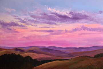 Fototapeta premium A vibrant landscape painting of a sunset over rolling hills.
