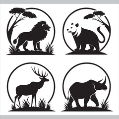 Silhouette vector set of wild and domestic animals in black icon style