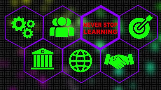 A Never Stop Learning concept on a futuristic .Hi tech motion graphic background, white flickering dots on dark background . black background 4 collar animation. 4k video animation.