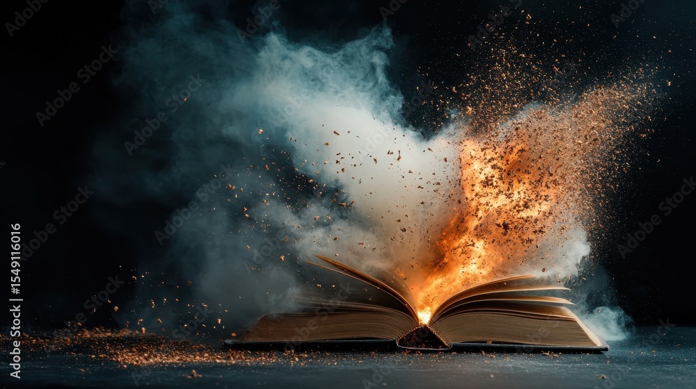 Poster an open book dramatically bursts with flames and smoke, symbolizing the explosive power of knowledge