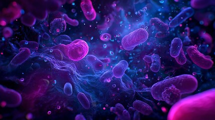 Microscopic world reveals vibrant purple and blue cells in a detailed scientific rendering