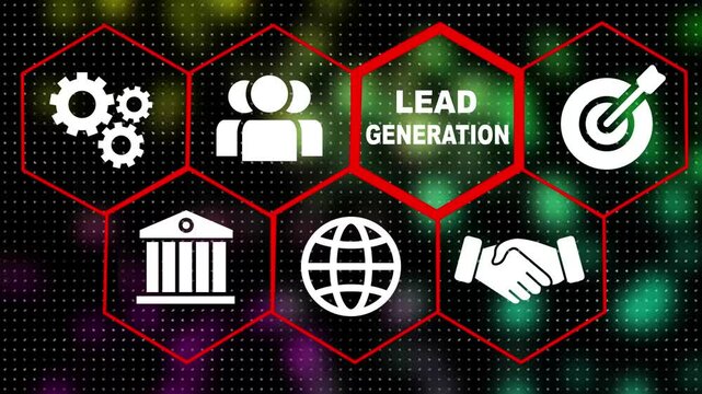 A Lead Generation concept on a futuristic .Hi tech motion graphic background, white flickering dots on dark background .black background 4 coler animation.
