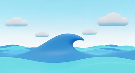 Obraz premium Stylized Ocean Wave with White Clouds in Light Blue Sky Landscape
