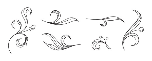 Floral swirl vector elements set. Hand-drawn botanical curls with elegant flow.