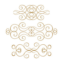 Ornate vintage flourishes. Symmetrical swirl compositions with thin curves and golden elegance.