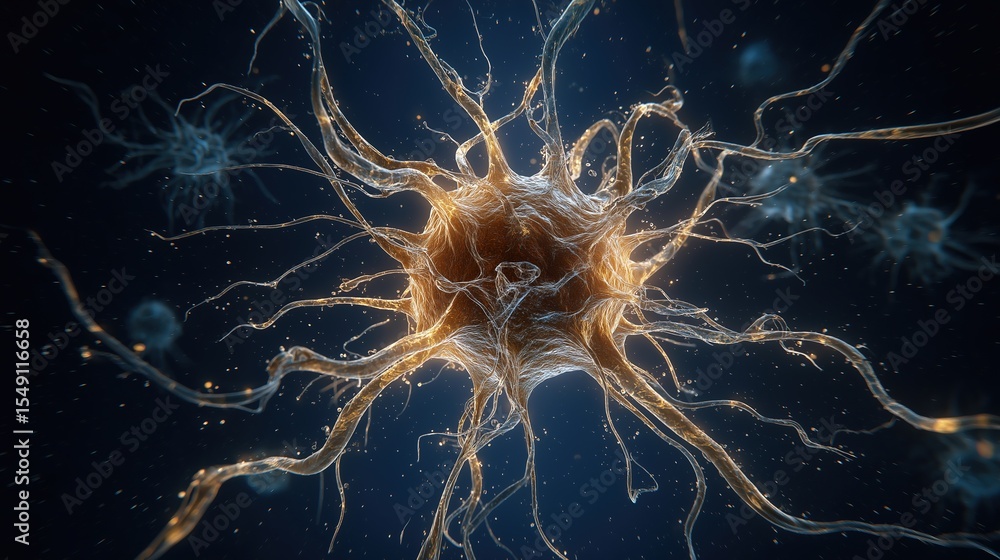 Aufkleber isolated human neural cell with intricate internal structures and firing neurons on dark blue backgr