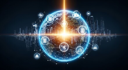 Digital Earth Network with Blue Glow and Cityscape Reflection