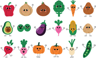 Cute vegetable cartoon vector characters with happy faces arms and legs in funny flat style
