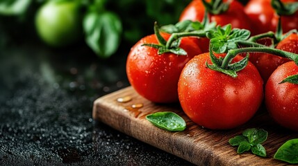 A vibrant display of fresh truss tomatoes resting on a rustic wooden cutting board, emphasizing natural produce and healthy eating, perfect for culinary and gastronomic themes.