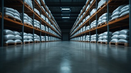 A well-organized warehouse storage facility showing neat rows of bags on shelves, emphasizing efficiency and industrial capability needed for modern logistics and supplies management.