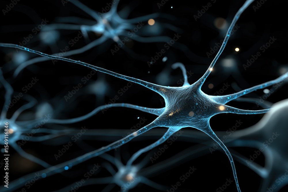Poster neon-themed glowing neuron illustration with blue gradient colors and luminous synaptic connections 