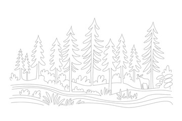 Line Art Illustration of Forest Landscape with Moose Silhouette