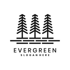 Minimalist evergreen logo with three black pine trees and line elements