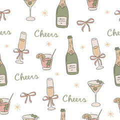 Seamless pattern hand drawn style vector illustration for occasions, wedding and events of wine, drinks and champagne