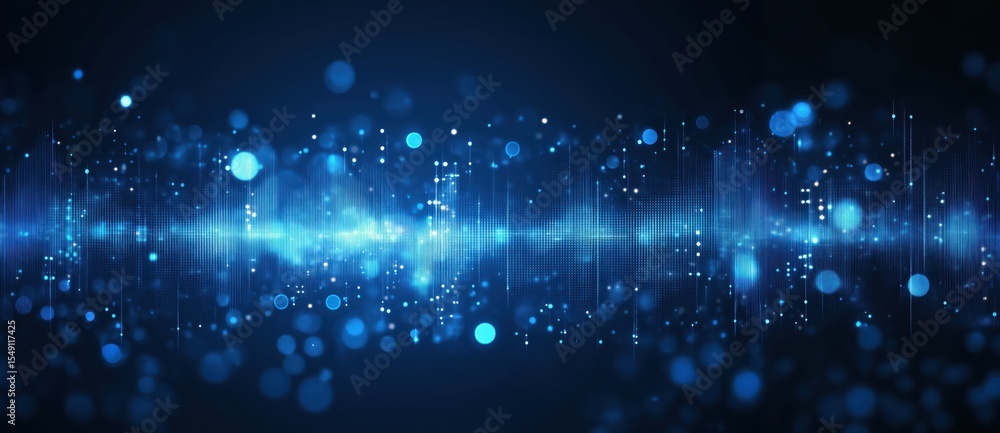 Poster digital symphony: a mesmerizing visual of a blue waveform pulsating with energy and light, signifyin