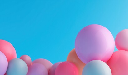 Abstract arrangement of pink and blue balloons forming half circles against a light sky-blue backdrop, creating vibrant depth with ample copy space for festive or decorative designs
