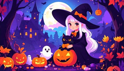 A cute Halloween witch with pumpkin and a black cat, against a spooky full moon night background