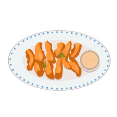 Delicious vector illustration of crispy chicken tenders served with dipping sauce on a stylish plate