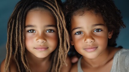 Fototapeta premium A beautiful portrait of two children with different hairstyles, one with long dreadlocks and the other with curly hair, smiling warmly against a soft background.