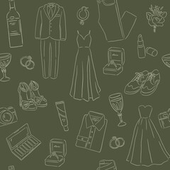 Seamless pattern hand drawn style vector illustration for occasions, wedding and events of dress, coat and shoes