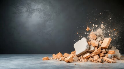 An impressive image of brick fragments scattered on a dark surface, conveying themes of destruction, reconstruction, and the raw beauty of imperfection in an abstract style.