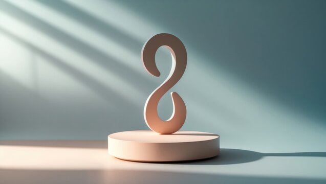 Displaying abstract S-shaped sculpture standing on round pedestal in studio with diagonal sun rays - Powered by Adobe