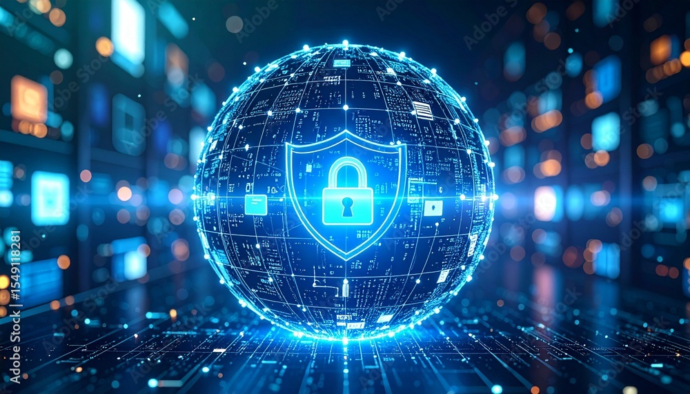 Poster a digital shield with a lock icon floating on a sphere that represents data security, cybersecurity,