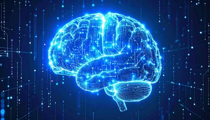 The glowing blue brain in a futuristic digital environment, symbolizing intelligence and technology
