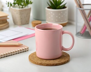pink ceramic mug and cork coaster mockup on desk