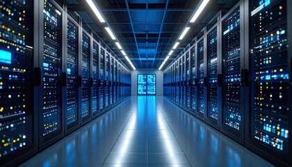 Inside a modern data center, servers are neatly arranged in rows with a neon glow effect
