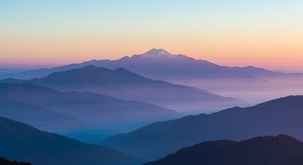 Serene Mountain Range at Sunrise with Purple Mist and Snowy Peak