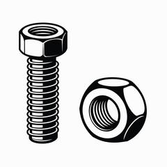 Black and White Illustration of a Bolt and Nut