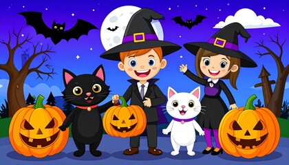 A fun and whimsical illustration for Halloween: kids and cats dressed up in spooky costumes with jack-o'-lanterns