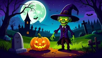 Spooky Halloween illustration with pumpkin and witch, full moon on the background