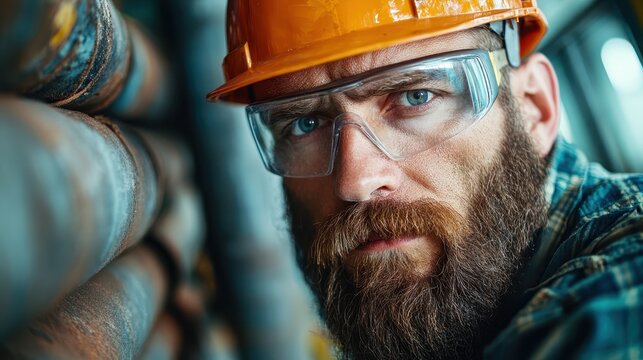 A rugged construction worker with a beard and safety gear looks determinedly at the camera, conveying strength and responsibility in a dynamic work environment.